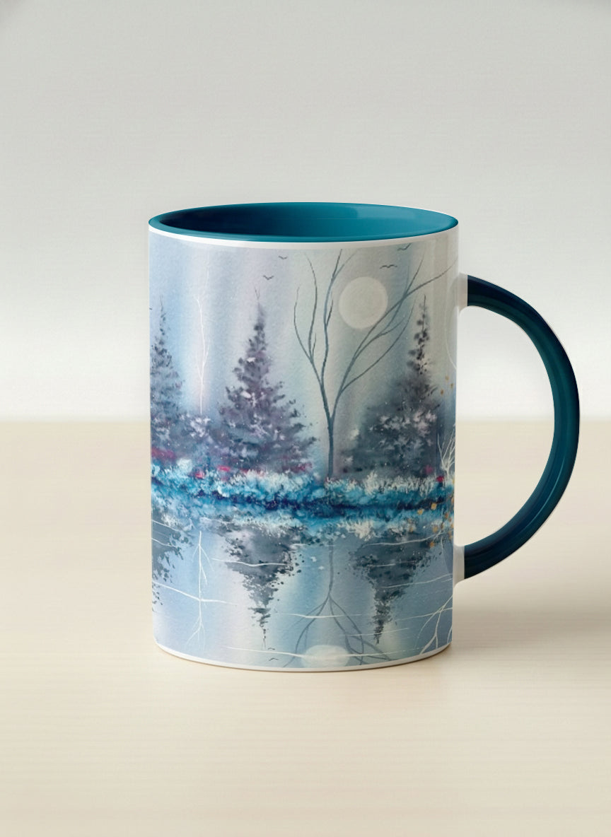Hero Mug | Winter Reflections on a Frosted Slope mug showing a serene landscape with trees, water, and a moon design by Renee Pupetz - Gallery By Inhesion