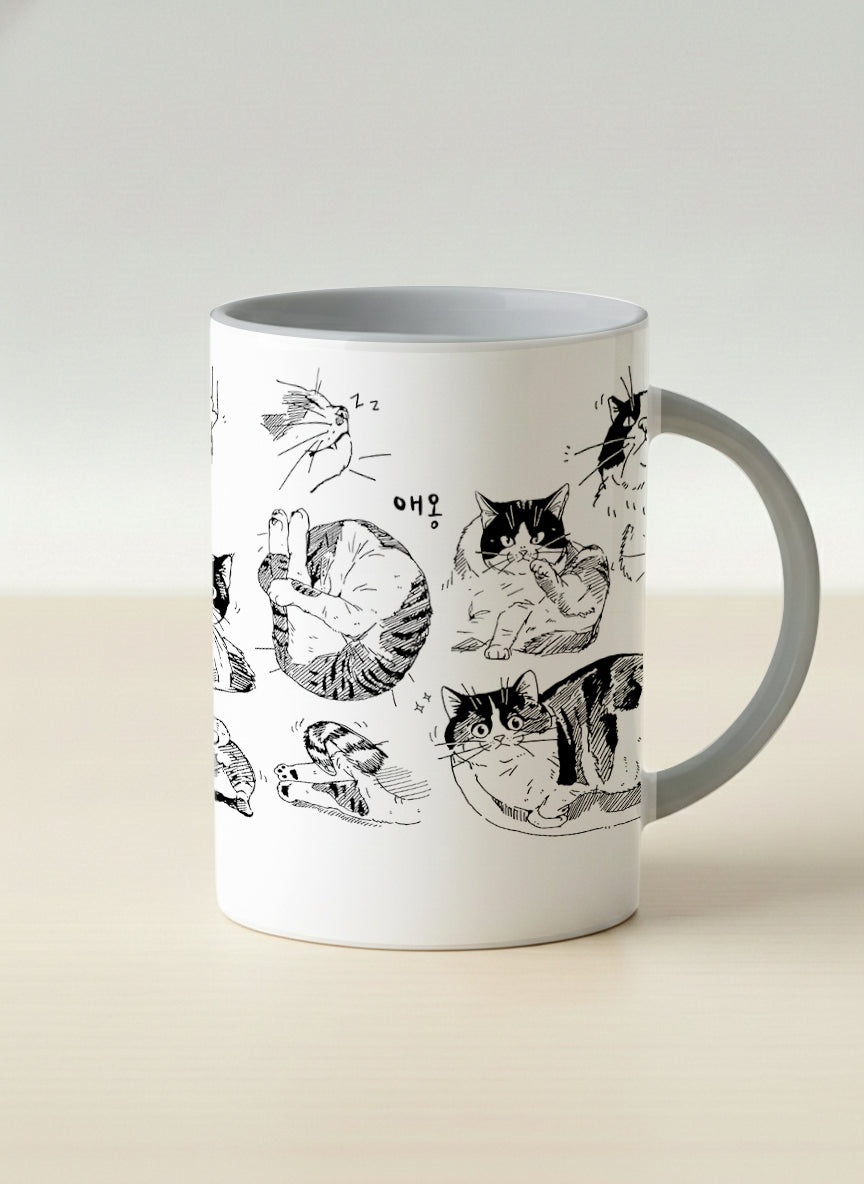 Hero mug | Moments of Curiosity mug  ink-sketched cats in playful poses with Korean script on white, grey interior, by Hyun Jung Cho
