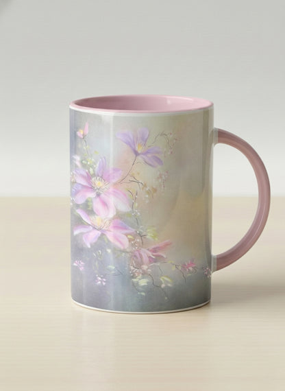 Hero mug | Ethereal Blossoms mug, soft pink clematis flowers glowing against a deep moody sage green mist, blush pink interior and handle, by Karina Mosser - Gallery By Inhesion