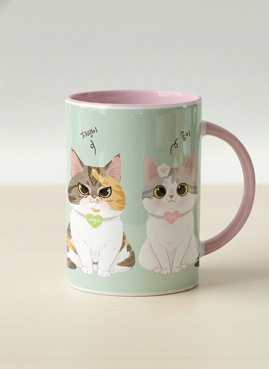 Hero Mug | The Perfect Pair mug two cats with Korean name tags and bow ties on mint green, blush pink interior, by Hyun Jung Cho
