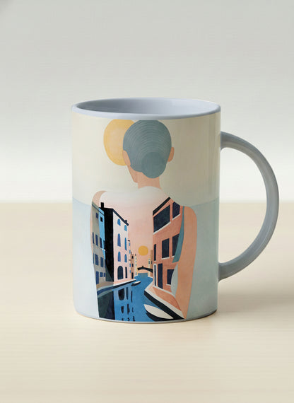 Hero mug | Memory on the Bridge mug a solitary figure gazing over a sunlit Venetian canal lined with terracotta buildings, soft powder blue interior and handle, by KikaG - Gallery By Inhesion