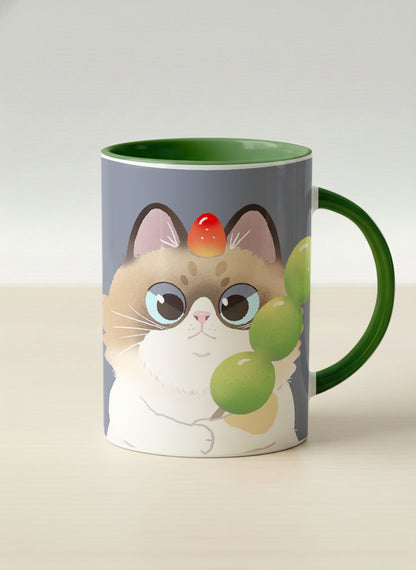 Hero Mug | My Shiny Treat mug grumpy fluffy cat clutching green grapes, tiny red mushroom hat, slate blue background, green interior, by Hyun Jung Cho