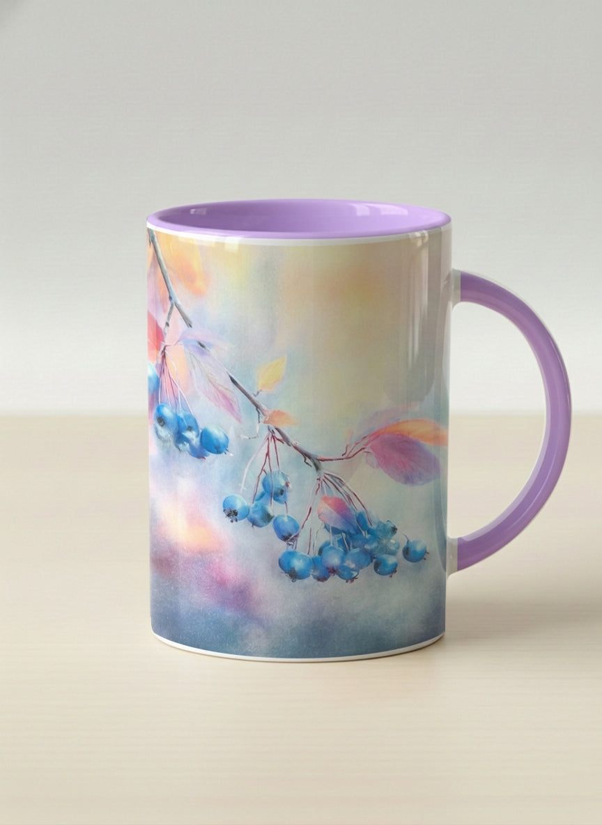 hero mug | Frosted Morning mug, vivid blue berries and autumn leaves drifting across a dreamy pastel rainbow wash, soft lavender interior and handle, by Karina Mosser - Gallery By Inhesion