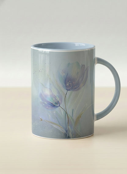 Hero mug | Glass Petals mug, a delicate translucent poppy bloom emerging from a soft misty blue-grey wash, matching powder blue interior and handle, by Karina Mosser - Gallery By Inhesion