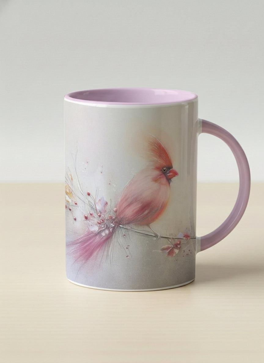 hero mug | lossom Visitor mug, a delicate pink cardinal perched on a wispy blossom branch against a soft ivory mist, blush pink interior and handle, by Karina Mosser - Gallery By Inhesion