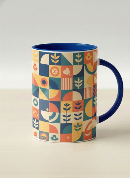 Hero Mug | Bloom Across Realities mug, bold geometric pattern, blue interior and handle, concrete surface  by Alan CL Lee - Gallery By Inhesion