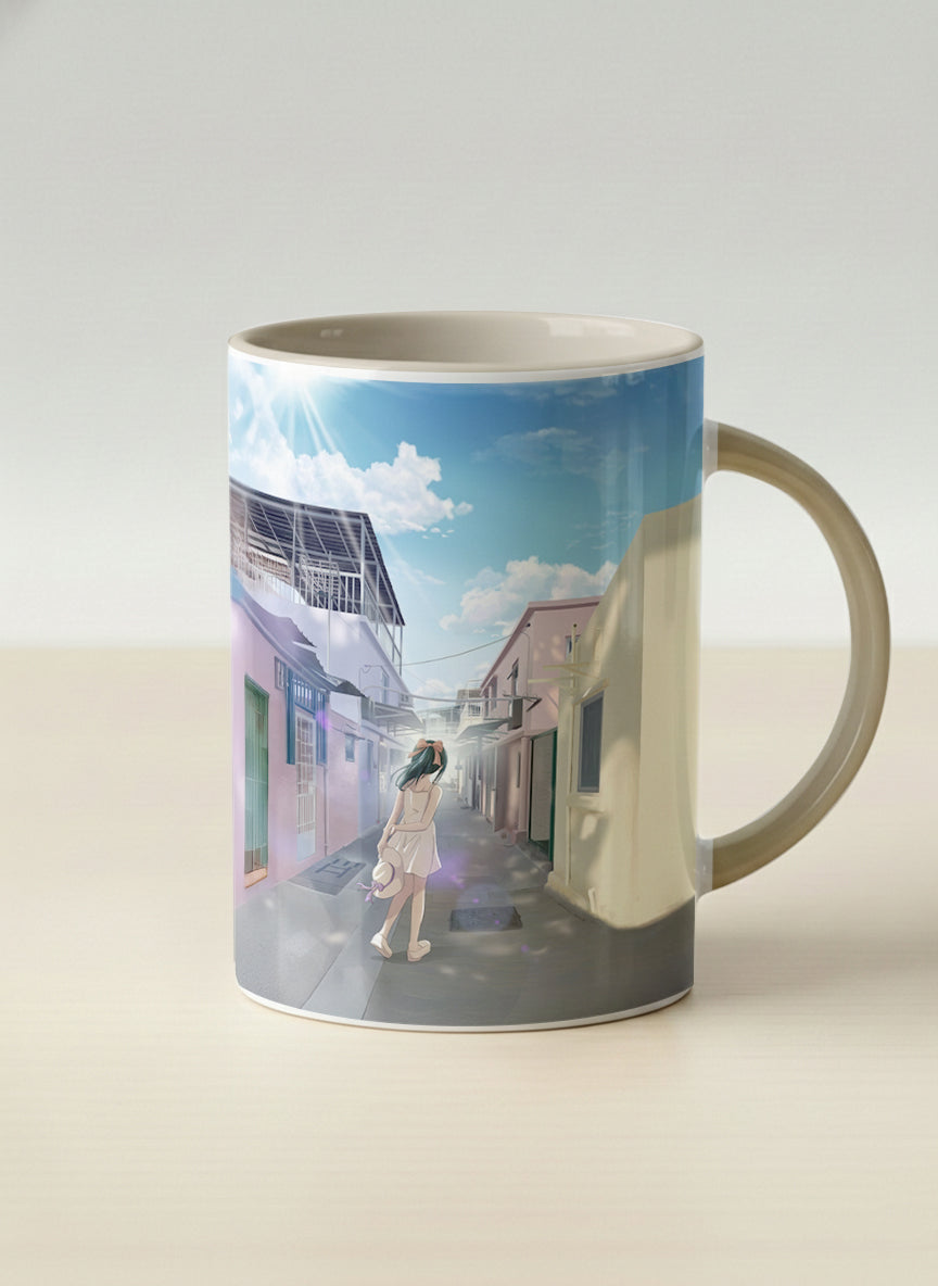 Hero Mug | The Secret Passage mug showing a colorful street scene with a girl walking in a vibrant alley by Samuel Kwok - Gallery By Inhesion