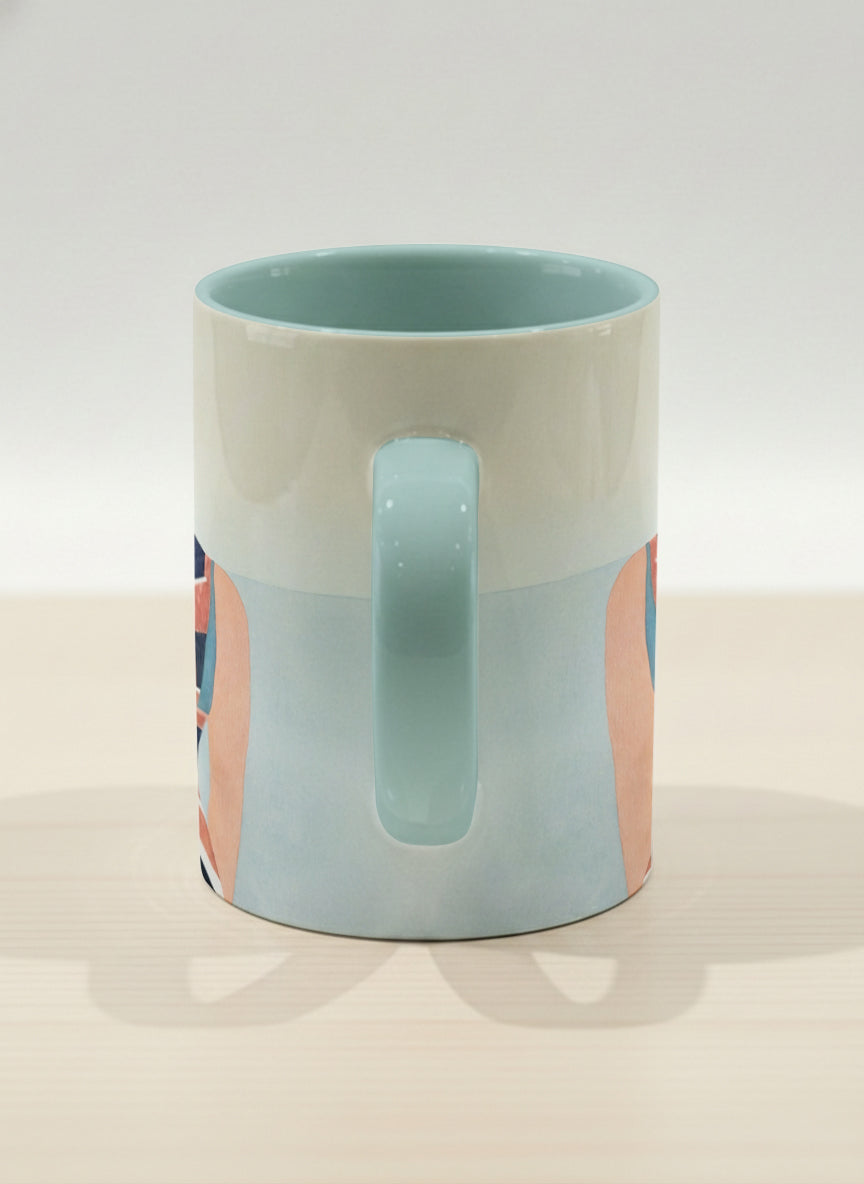 hero mug | Memory on the Bridge side view mug a solitary figure gazing over a sunlit Venetian canal lined with terracotta buildings, soft powder blue interior and handle, by KikaG - Gallery By Inhesion