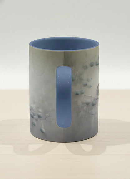 hero mug | A Quiet Moment side view mug,solitary bird perched in a soft misty landscape with delicate dot details, dusty blue interior and handle, by Karina Mosser - Gallery By Inhesion