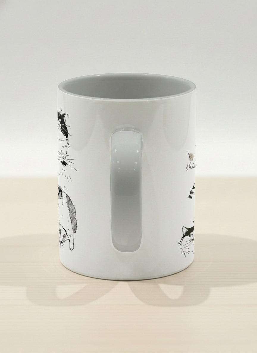 hero mug | Moments of Curiosity side view mug  ink-sketched cats in playful poses with Korean script on white, grey interior, by Hyun Jung Cho