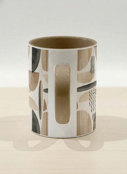 Hero Mug | Organic Shades side view mug, earthy beige and charcoal abstract shapes, cream interior, olive handle, by Alan CL Lee - Gallery By Inhesion