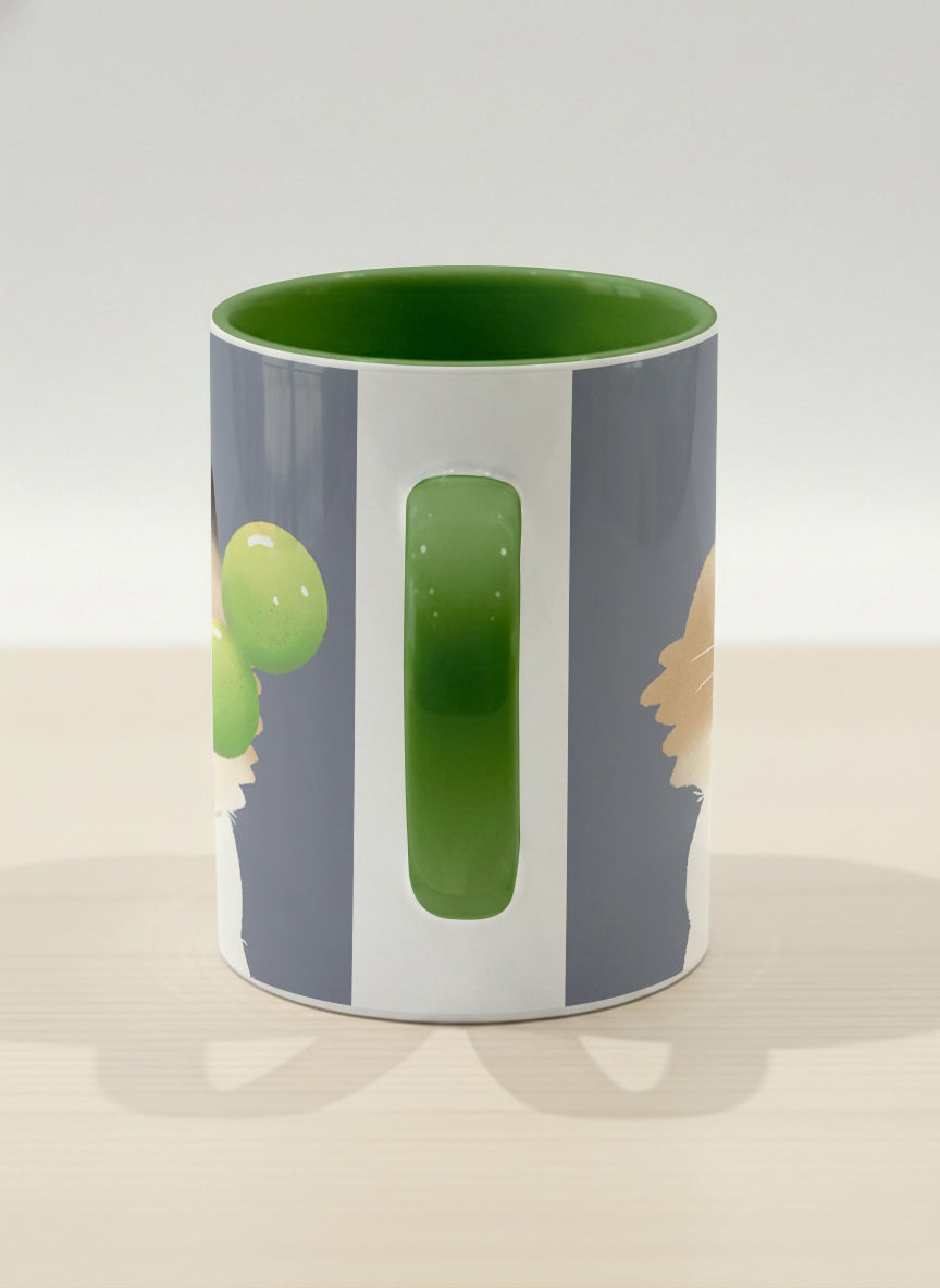 Hero Mug | My Shiny Treat side view mug grumpy fluffy cat clutching green grapes, tiny red mushroom hat, slate blue background, green interior, by Hyun Jung Cho