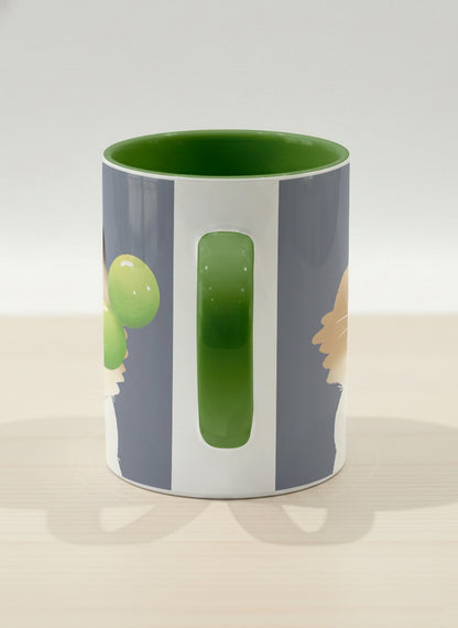 Hero Mug | My Shiny Treat side view mug grumpy fluffy cat clutching green grapes, tiny red mushroom hat, slate blue background, green interior, by Hyun Jung Cho
