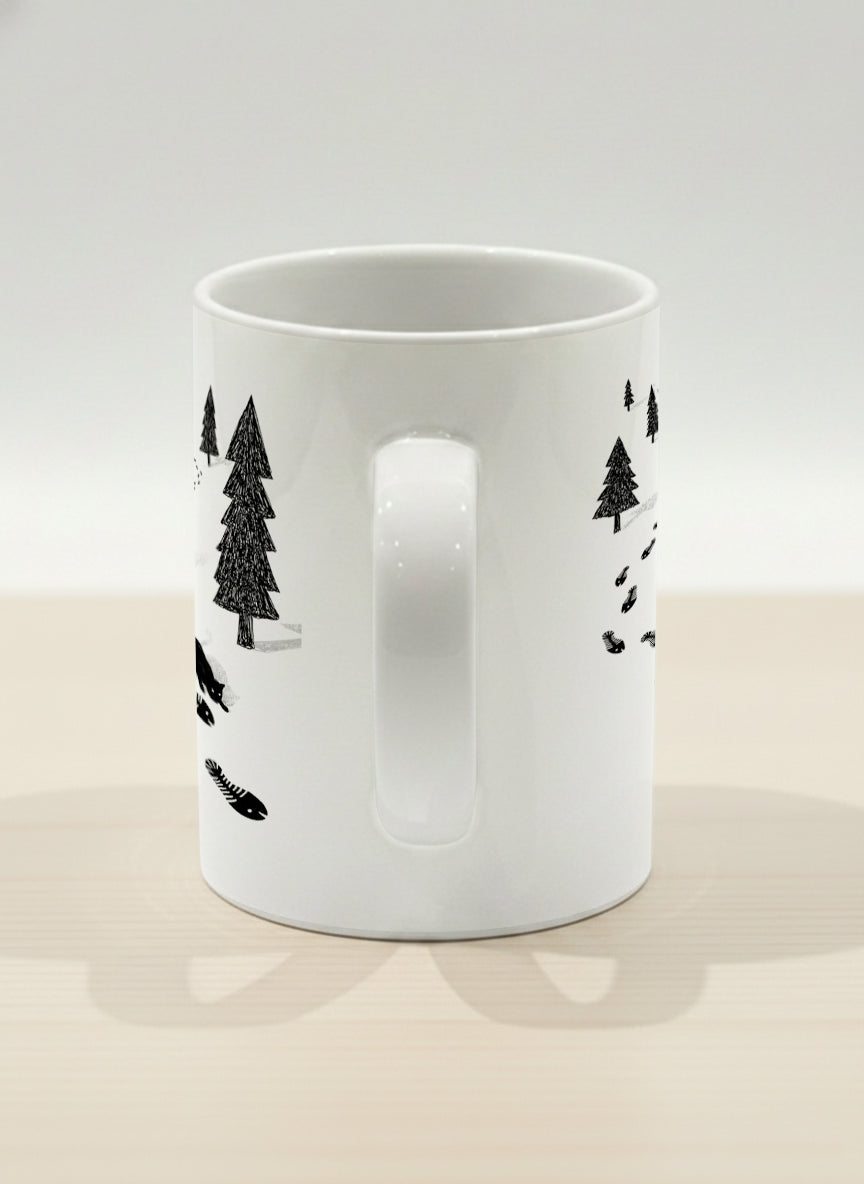 Hero Mug | The Curious Cat side view mug shows a sketch of a cat following fish-shaped footprints by Tang Yau Hoong - Gallery By Inhesion