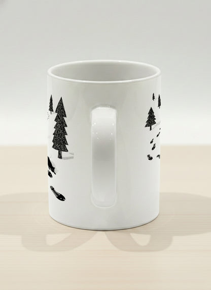 Hero Mug | The Curious Cat side view mug shows a sketch of a cat following fish-shaped footprints by Tang Yau Hoong - Gallery By Inhesion