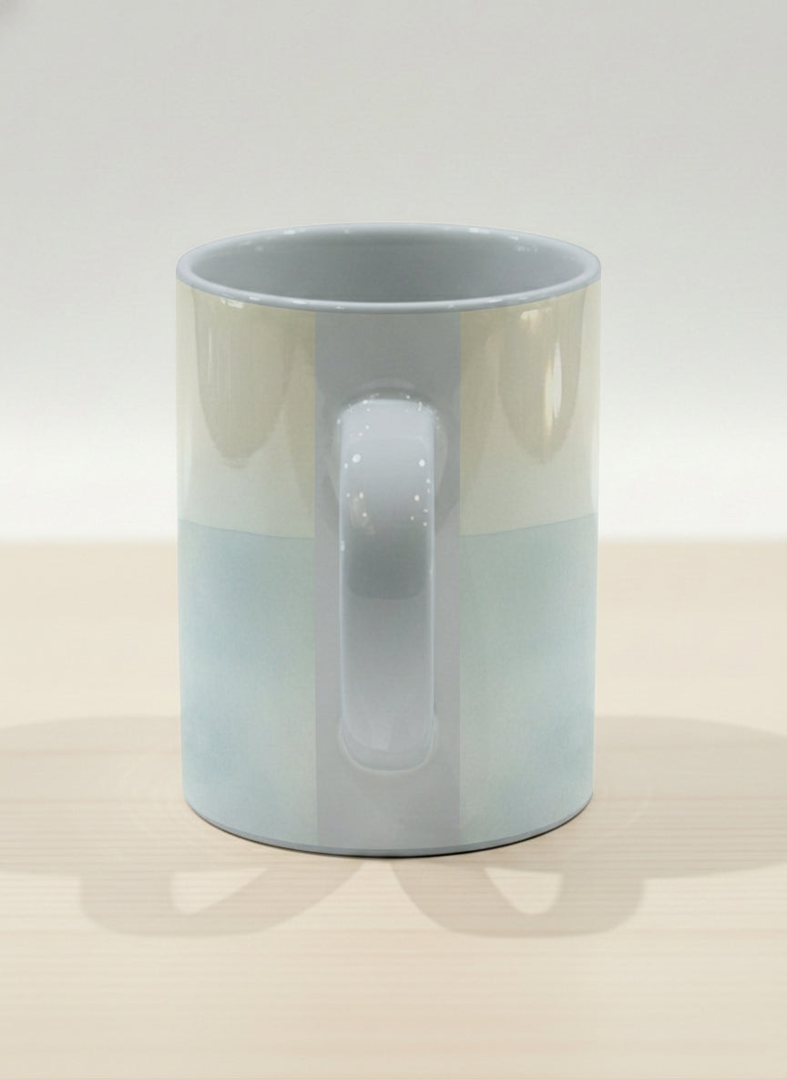 Hero mug | Memory on the Bridge side view mug a solitary figure gazing over a sunlit Venetian canal lined with terracotta buildings, soft powder blue interior and handle, by KikaG - Gallery By Inhesion