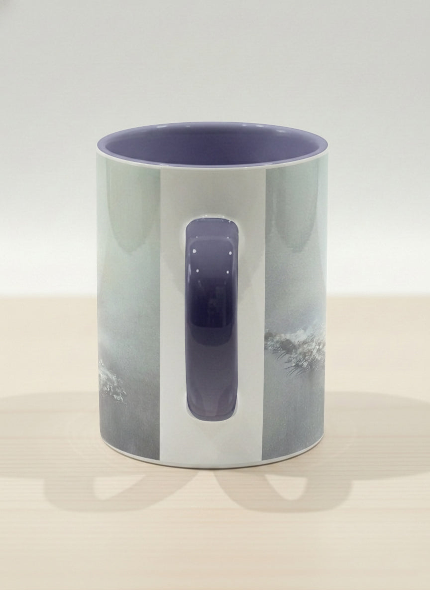 Hero mug | Caught in Frost side view mug, wide-eyed squirrel emerging from a misty winter ground, slate blue interior and handle, by Karina Mosser - Gallery By Inhesion