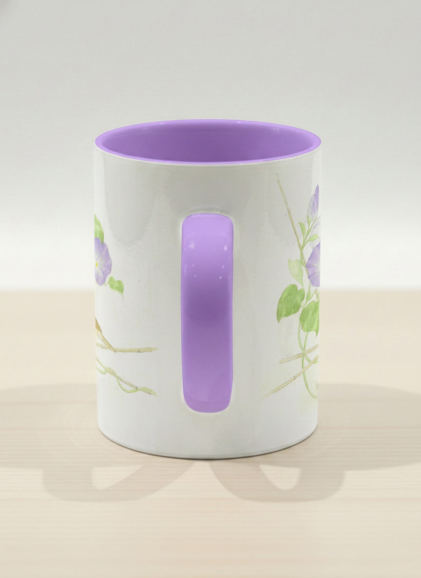 Hero Mug | Morning Glory side view mug with watercolor bird and purple flowers artwork by Alice Wong - Gallery By Inhesion