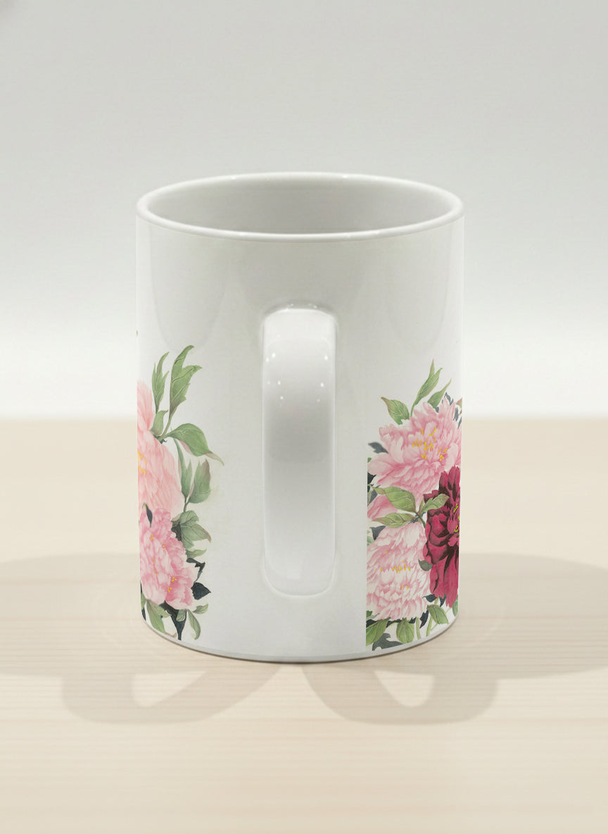 Hero Mug | A Tapestry of Flowers side view mug with watercolor bird flying amid pink/red flowers by Alice Wong - Gallery By Inhesion