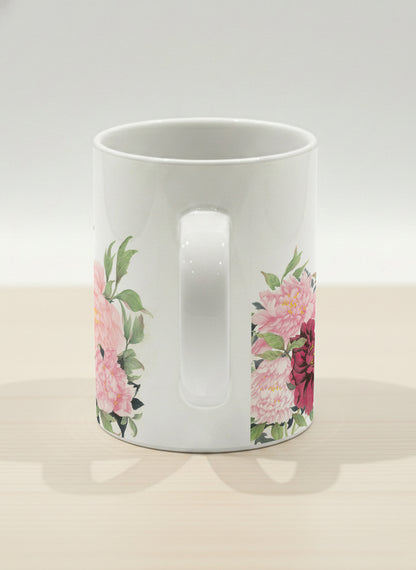 Hero Mug | A Tapestry of Flowers side view mug with watercolor bird flying amid pink/red flowers by Alice Wong - Gallery By Inhesion