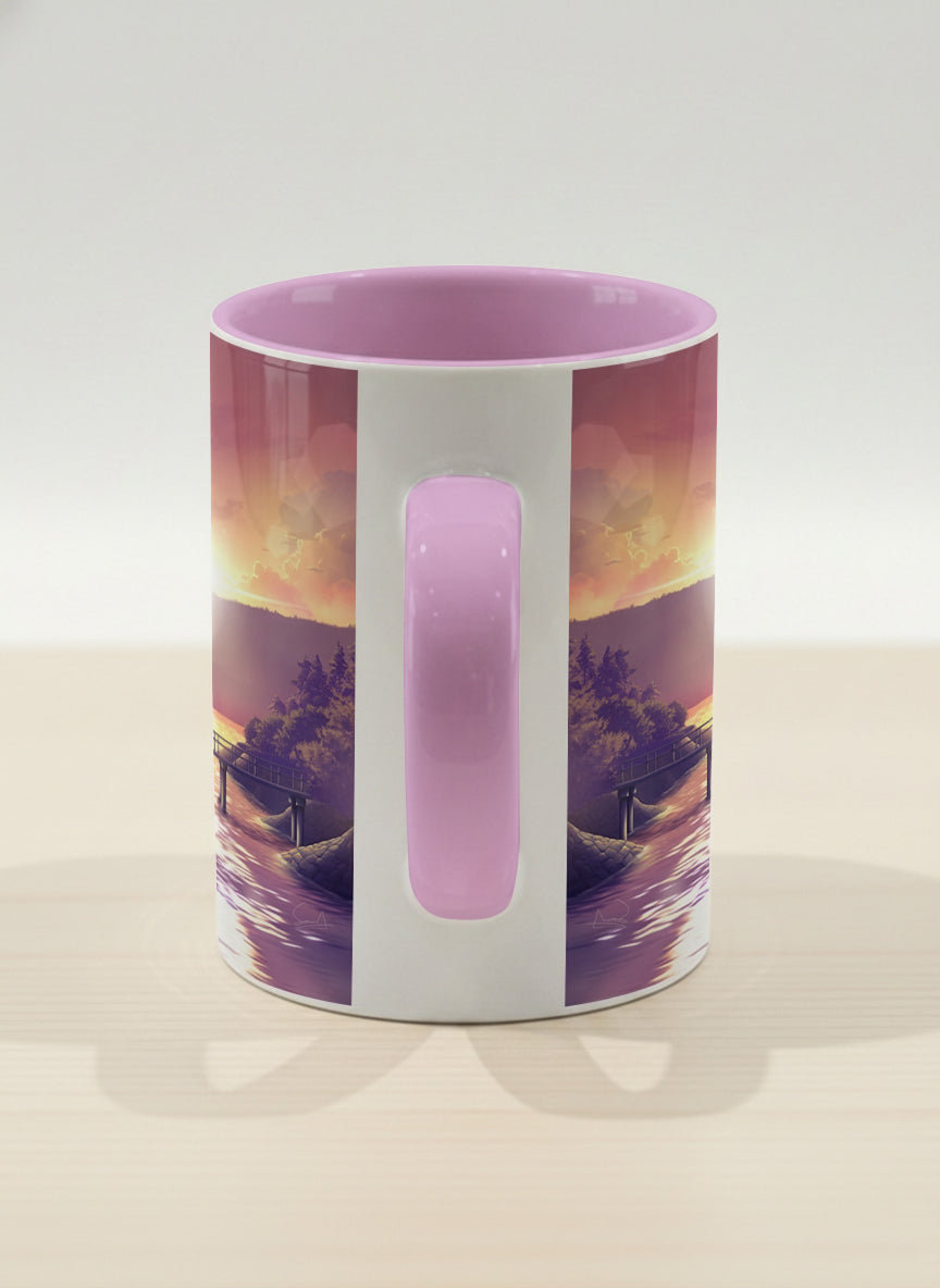 Hero Mug | Gaze into the Golden Hour side view mug glowing sunset over a lakeside pier in warm amber and violet, soft lilac interior, by Samuel Kwok Gallery By Inhesion