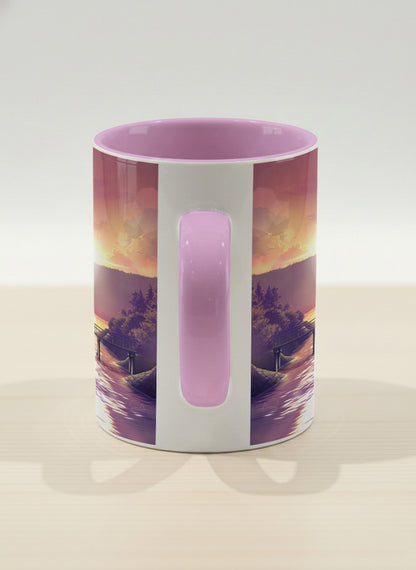 Hero Mug | Gaze into the Golden Hour side view mug glowing sunset over a lakeside pier in warm amber and violet, soft lilac interior, by Samuel Kwok Gallery By Inhesion