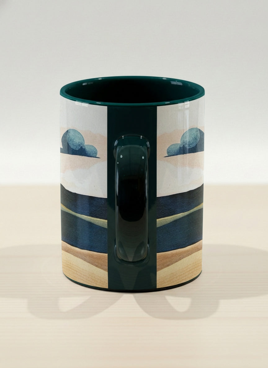 hero mug | Share a Sunset side view mug a lone figure walking through rolling sand dunes beneath a glowing orange sun and layered teal clouds, deep teal interior and handle, by KikaG - Gallery By Inhesion