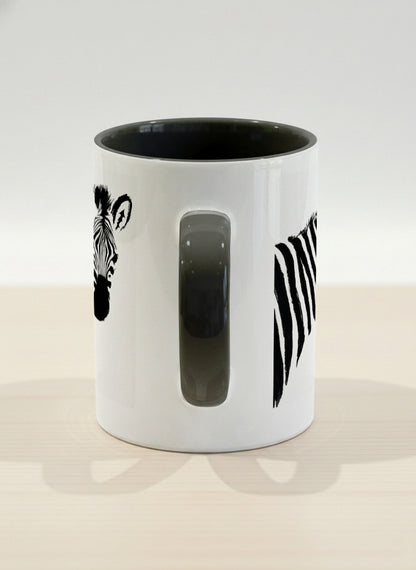 Hero Mug | Swinging between reality and illusion side view mug with a zebra illustration and a person swinging under it by Tang Yau Hoong - Gallery By Inhesion