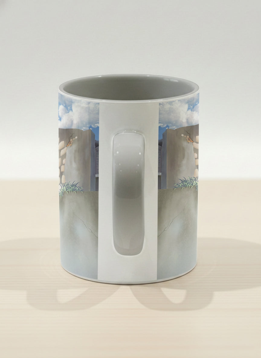 Hero Mug | The Timeless Facade side view mug ancient stone walls rising under a bright blue sky with soft drifting clouds, clean pearl white interior and handle,  by Samuel Kwok Gallery By Inhesion