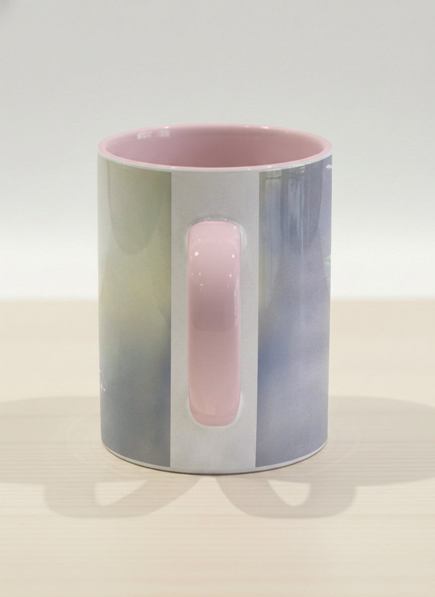 Hero mug | Ethereal Blossoms side view mug, soft pink clematis flowers glowing against a deep moody sage green mist, blush pink interior and handle, by Karina Mosser - Gallery By Inhesion