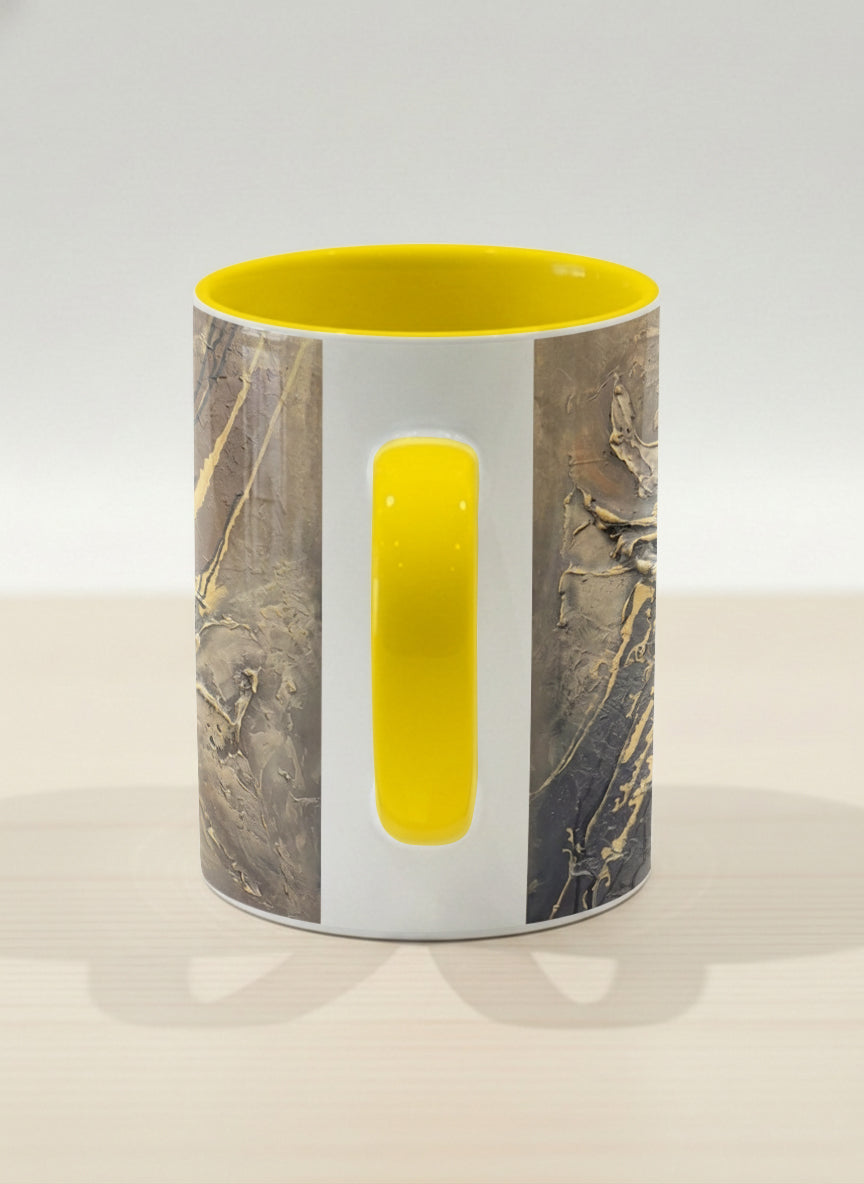 Hero Mug | Unfolding Luminance side view  mug showing abstract marbled pattern in brown, black, and gold tones by Mersedes Mein - Gallery By Inhesion