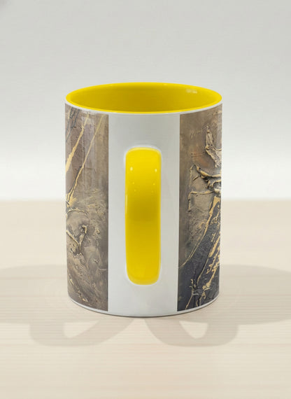 Hero Mug | Unfolding Luminance side view  mug showing abstract marbled pattern in brown, black, and gold tones by Mersedes Mein - Gallery By Inhesion