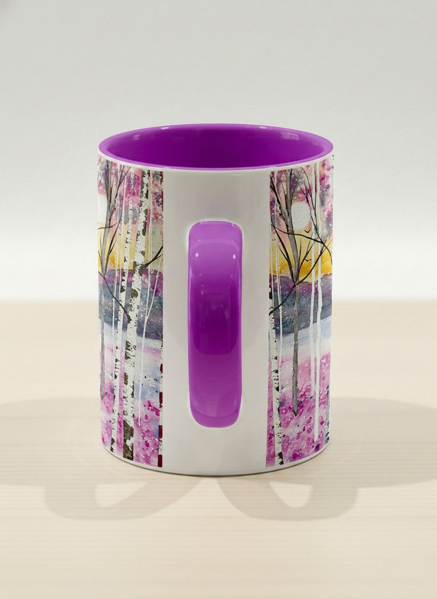 hero Mug | Living in Colour side view mug shows colorful watercolor birch trees in a dreamy forest landscape by Renee Pupetz - Gallery By Inhesion
