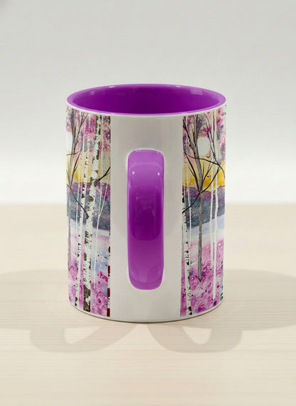 hero Mug | Living in Colour side view mug shows colorful watercolor birch trees in a dreamy forest landscape by Renee Pupetz - Gallery By Inhesion