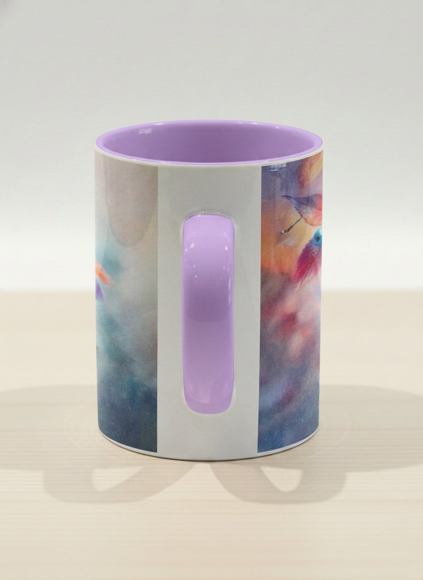 hero mug | Frosted Morning side view mug, vivid blue berries and autumn leaves drifting across a dreamy pastel rainbow wash, soft lavender interior and handle, by Karina Mosser - Gallery By Inhesion