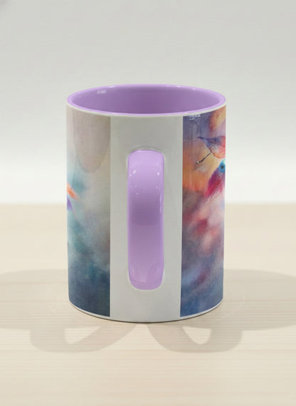 hero mug | Frosted Morning side view mug, vivid blue berries and autumn leaves drifting across a dreamy pastel rainbow wash, soft lavender interior and handle, by Karina Mosser - Gallery By Inhesion