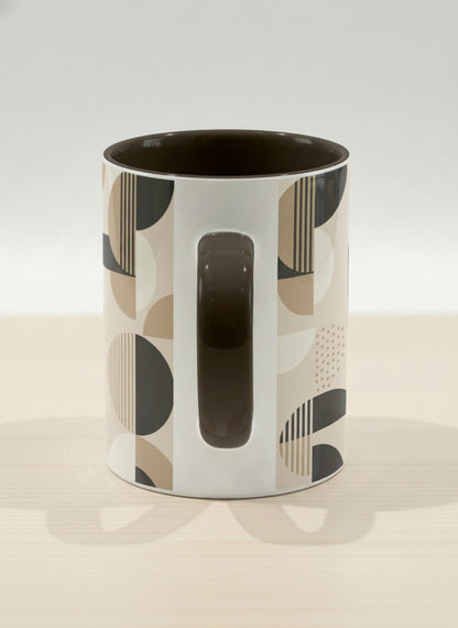 Hero Mug | Parallel Dune Echo side view mug, beige and charcoal geometric shapes with dots and stripes, dark interior and handle, by Alan CL Lee - Gallery By Inhesion