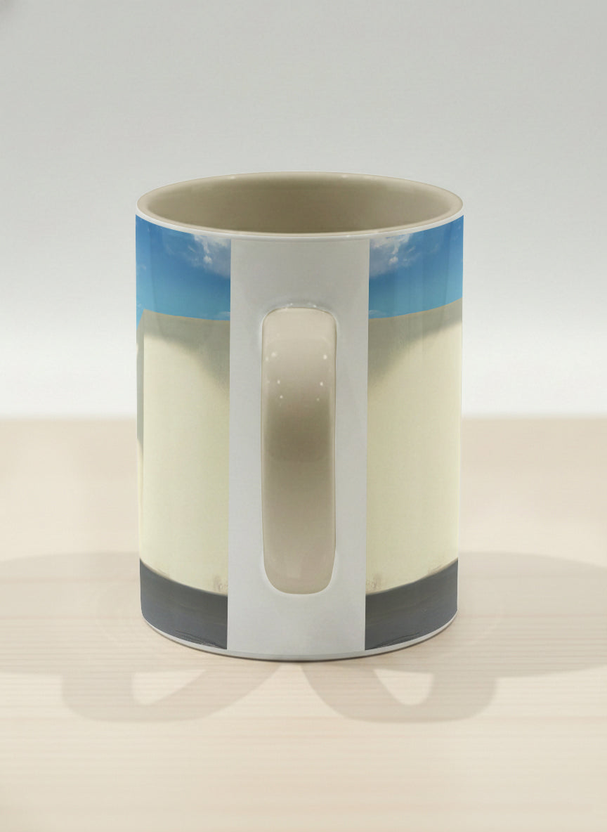 Hero Mug | The Secret Passage side view mug showing a colorful street scene with a girl walking in a vibrant alley by Samuel Kwok - Gallery By Inhesion