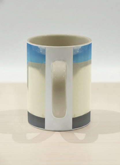 Hero Mug | The Secret Passage side view mug showing a colorful street scene with a girl walking in a vibrant alley by Samuel Kwok - Gallery By Inhesion