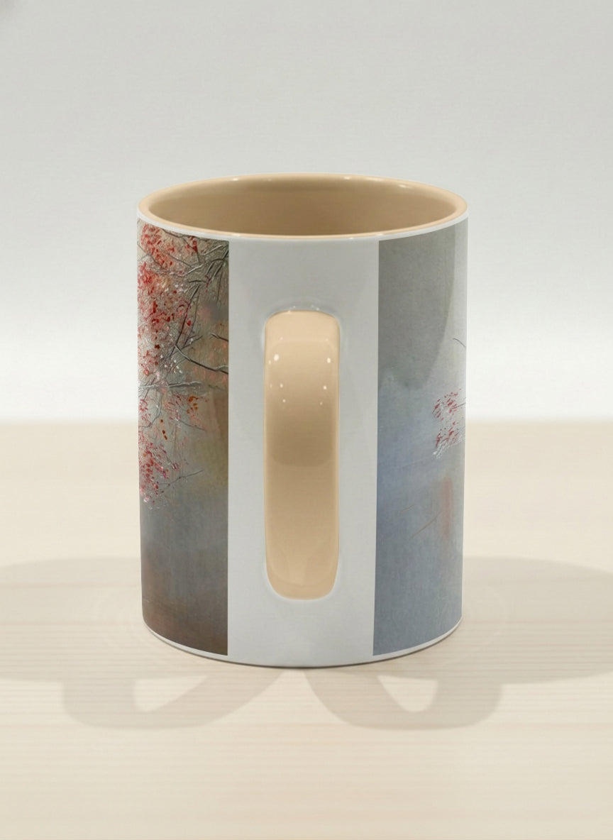 hero mug | Quiet Waters side view mug, delicate red blossoms and fine branches drifting across a soft celadon mist, warm cream interior and handle, by Karina Mosser - Gallery By Inhesion