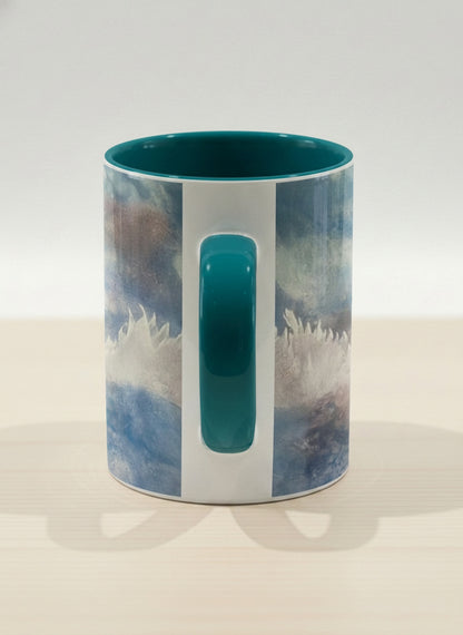 Hero Mug | Sun Rise side view mug with a colorful sun rise over a misty landscape and abstract trees by Renee Pupetz - Gallery By Inhesion