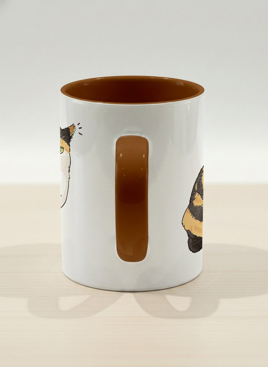 hero Mug | Spicy Calico side view mug grumpy calico cat with piercing green eyes and ruffled fur, dark chocolate interior, by Hyun Jung Cho