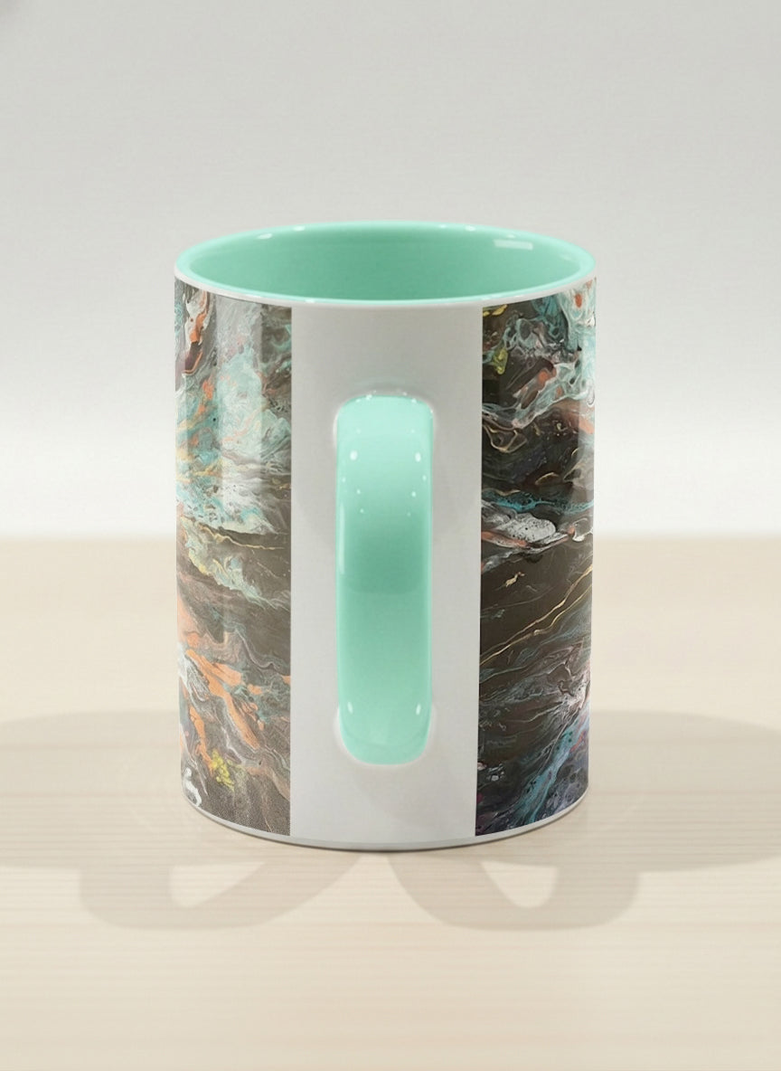 Hero Mug | Winged Light side view mug showing a fluid art painting with swirling, multicolored design by Renee Pupetz - Gallery By Inhesion