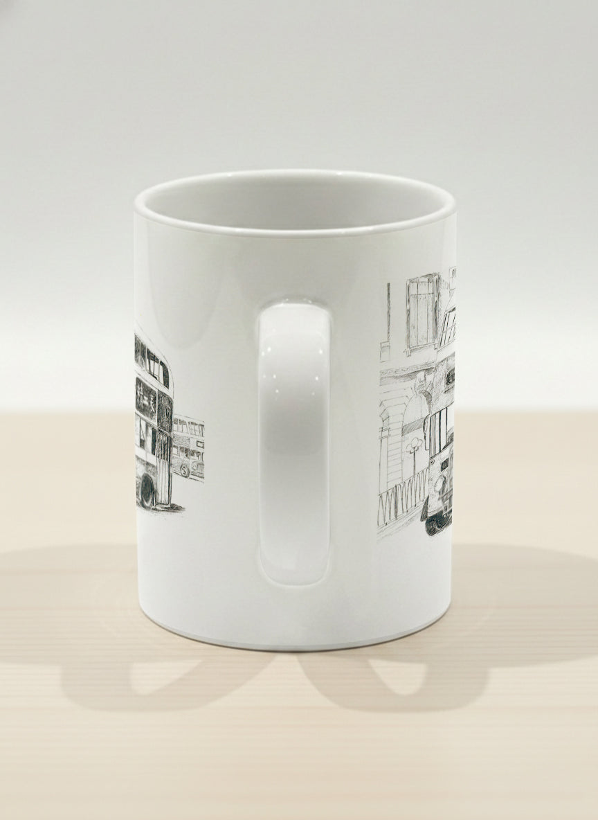 Hero Mug | Lines of the Past  side view mug showing a pen drawing bus in Hong Kong by Samuel Kwok - Gallery By Inhesion