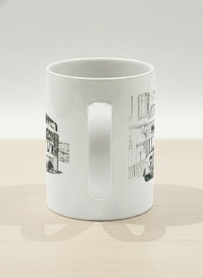 Hero Mug | Lines of the Past  side view mug showing a pen drawing bus in Hong Kong by Samuel Kwok - Gallery By Inhesion