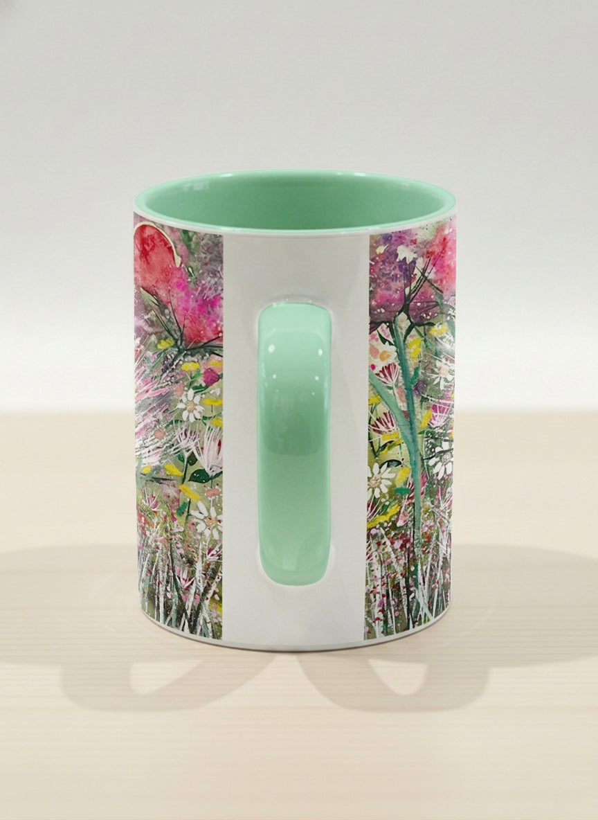 Hero Mug | Garden Mantra side view mug with a vibrant floral design and colorful abstract pattern by Renee Pupetz - Gallery By Inhesion