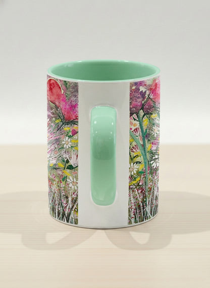 Hero Mug | Garden Mantra side view mug with a vibrant floral design and colorful abstract pattern by Renee Pupetz - Gallery By Inhesion