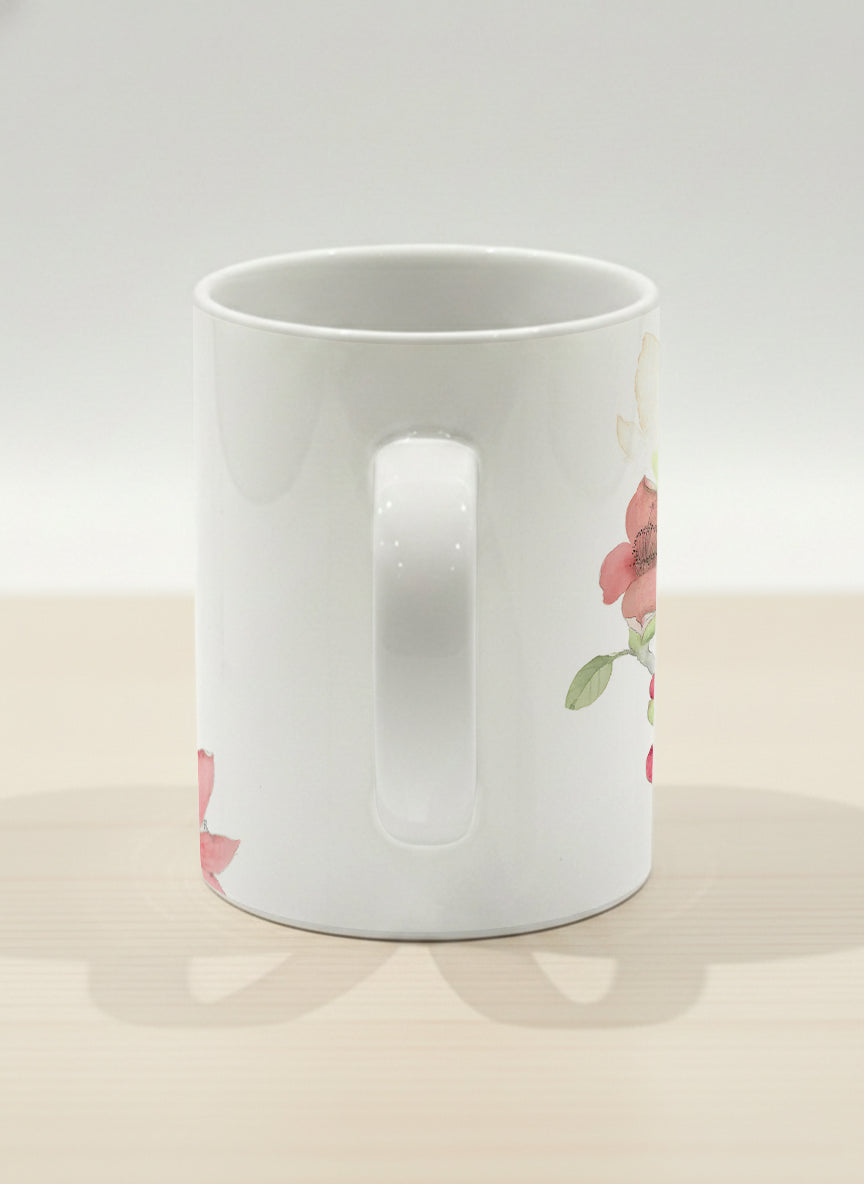 Hero Mug | The Radiance of Red Kapok side view mug with watercolor illustration of a red bird and pink flowers artwork by Alice Wong - Gallery By Inhesion