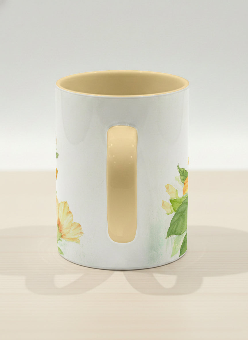 Hero Mug | Butterfly Lovers side view mug with watercolor butterflies and vibrant yellow/orange flowers by Alice Wong - Gallery By Inhesion
