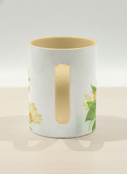 Hero Mug | Butterfly Lovers side view mug with watercolor butterflies and vibrant yellow/orange flowers by Alice Wong - Gallery By Inhesion